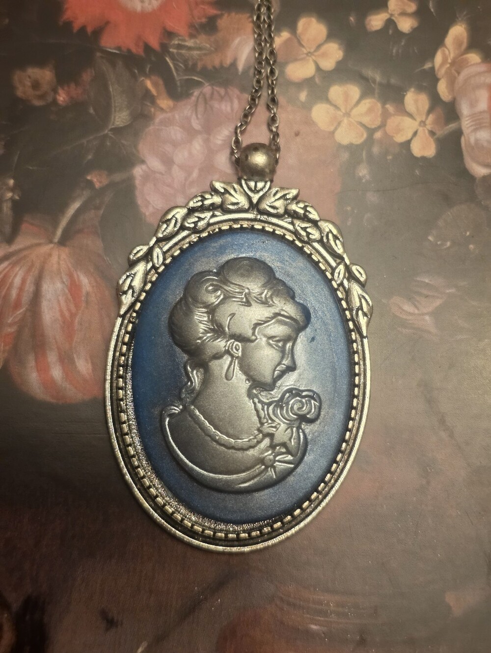 Classic Ladies Head Cameo On Steel Blue W Stainless Steel Chain Necklace